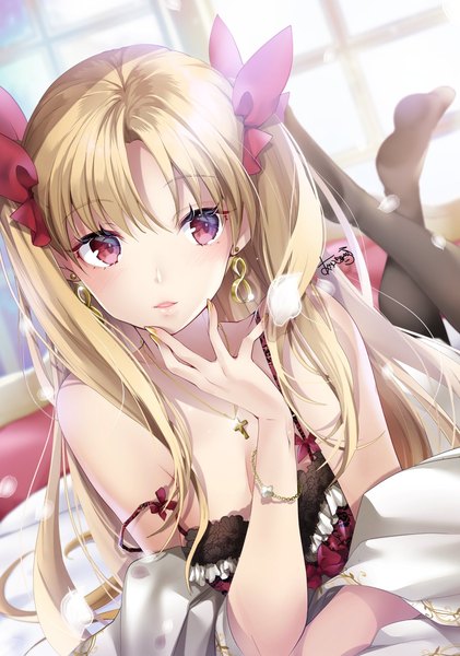 Anime picture 1053x1500 with fate (series) fate/grand order ereshkigal (fate) akatsuki hijiri single long hair tall image looking at viewer blush fringe breasts open mouth light erotic blonde hair red eyes signed indoors lying nail polish two side up