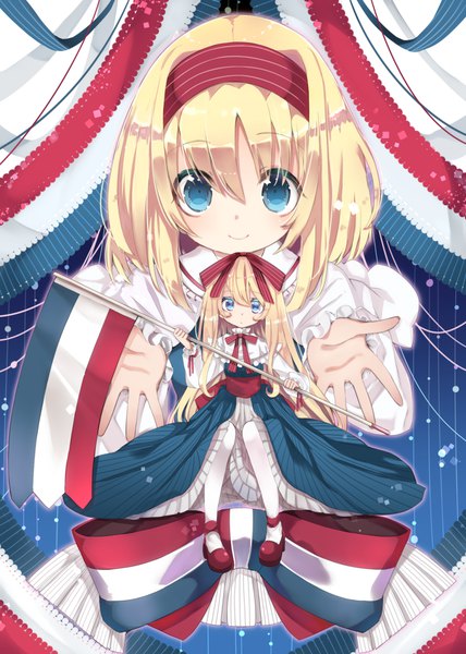 Anime picture 750x1050 with touhou alice margatroid shanghai oinari (tensaizoku) long hair tall image looking at viewer fringe short hair blue eyes blonde hair smile hair between eyes girl bow hair bow hairband flag doll (dolls)