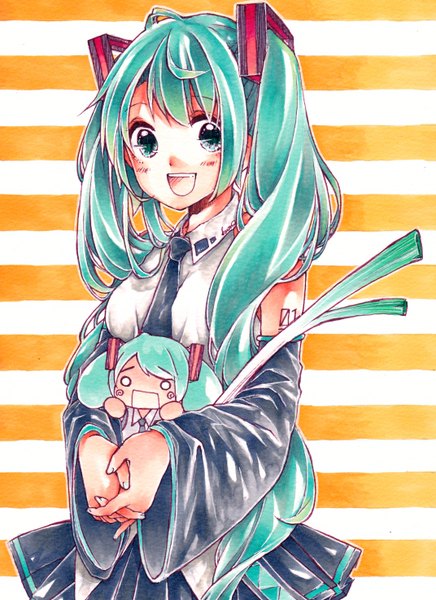 Anime picture 1071x1474 with vocaloid hatsune miku kawana (spicaboy) single long hair tall image looking at viewer blush open mouth twintails aqua eyes aqua hair striped orange background striped background girl detached sleeves vegetables leek