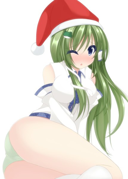 Anime picture 960x1340 with touhou kochiya sanae chimunge single long hair tall image blush open mouth blue eyes light erotic simple background white background ass one eye closed green hair wink christmas girl hair ornament underwear