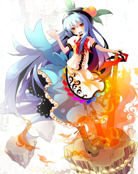 Anime picture 1194x1500 with touhou hinanawi tenshi moonyan single long hair tall image looking at viewer blush open mouth blue hair orange eyes girl dress bow hat fire