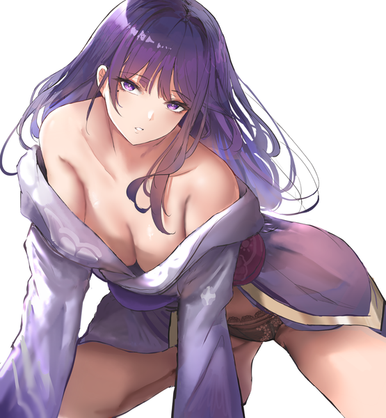 Anime picture 1303x1408 with genshin impact raiden shogun liaowen single long hair tall image looking at viewer fringe breasts light erotic simple background large breasts white background purple eyes bare shoulders purple hair blunt bangs traditional clothes parted lips japanese clothes