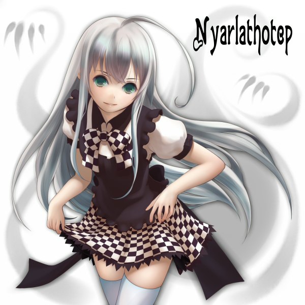 Anime picture 1200x1200 with haiyore! nyaruko-san nyaruko yori (shitsuon) single long hair looking at viewer simple background white background green eyes silver hair ahoge loli checkered girl thighhighs dress white thighhighs