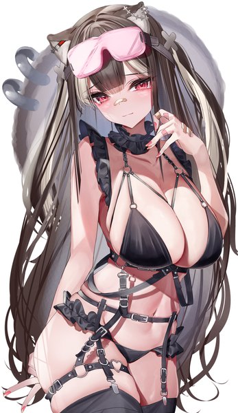 Anime picture 1447x2500 with original lamium (artist) single long hair tall image looking at viewer fringe breasts light erotic simple background red eyes brown hair large breasts standing white background animal ears cleavage blunt bangs nail polish head tilt