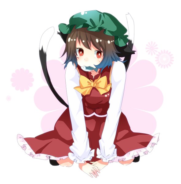 Anime picture 1357x1381 with touhou chen aya mizu tall image blush red eyes brown hair white background animal ears cat ears cat tail girl skirt hat skirt set fish (fishes)