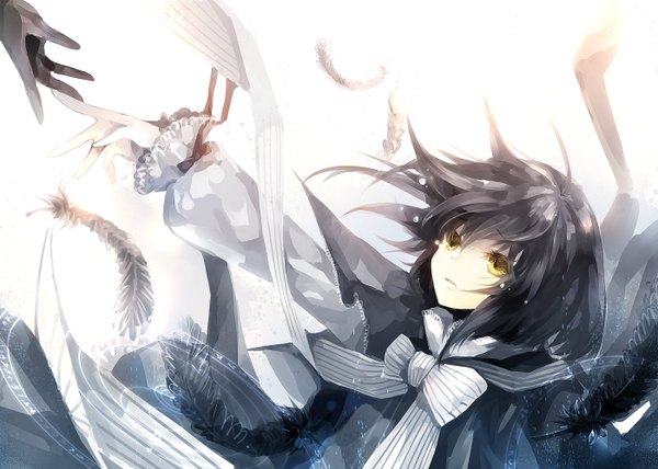 Anime picture 1400x1000 with tagme (copyright) dhiea short hair black hair yellow eyes tears dress feather (feathers) tagme