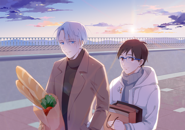 Anime picture 1500x1061 with yuri!!! on ice mappa viktor nikiforov katsuki yuuri ouououououou looking at viewer fringe short hair blue eyes hair between eyes brown hair holding brown eyes looking away sky silver hair cloud (clouds) upper body outdoors parted lips