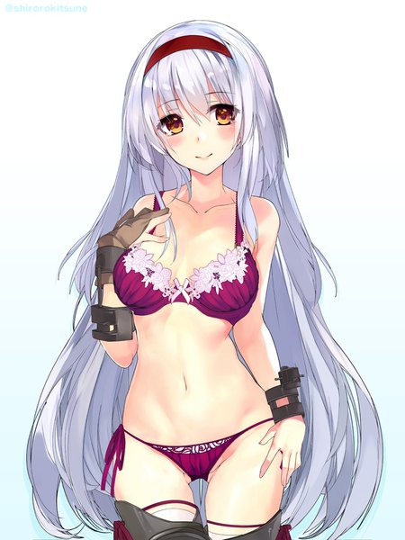 Anime picture 750x1000 with kantai collection shoukaku aircraft carrier shirokitsune single long hair tall image looking at viewer blush fringe breasts light erotic simple background smile hair between eyes brown eyes signed payot cleavage silver hair underwear only