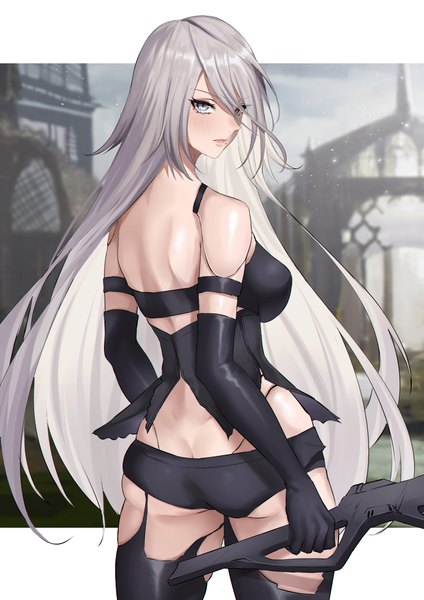 Anime picture 2894x4093 with nier nier:automata yorha type a no. 2 expulse single long hair tall image looking at viewer blush fringe highres breasts blue eyes light erotic large breasts standing holding silver hair outdoors ass