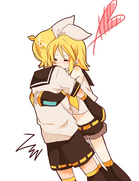 Anime picture 1000x1300 with vocaloid kagamine rin kagamine len monaco0704 tall image blush short hair simple background blonde hair white background bare shoulders eyes closed bare belly hug twins brother and sister girl boy bow hair bow