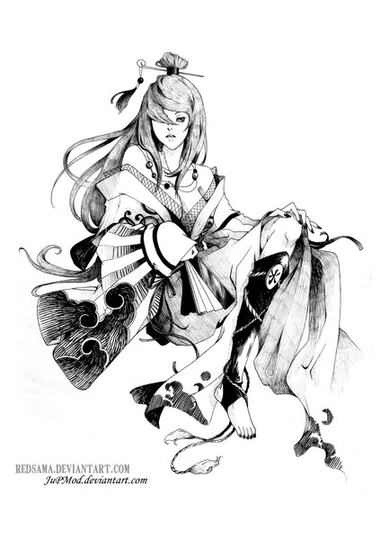 Anime picture 1024x1454 with naruto studio pierrot naruto (series) mei terumi (mizukage) single long hair tall image fringe sitting traditional clothes hair over one eye monochrome girl hair ornament necklace