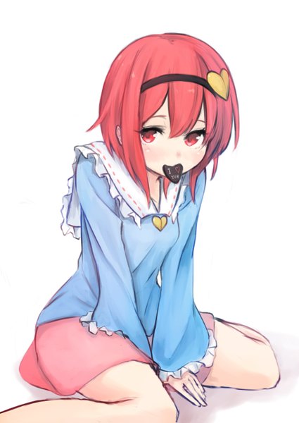 Anime picture 1032x1457 with touhou komeiji satori koretsuki azuma single tall image blush short hair simple background hair between eyes red eyes white background sitting holding red hair mouth hold wariza between legs valentine girl food