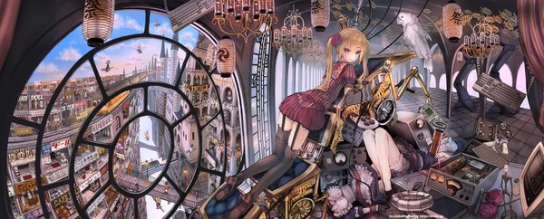 Anime picture 1977x800 with original john hathway single long hair looking at viewer blush highres blue eyes blonde hair wide image twintails hair flower inscription city cityscape lolita fashion broom riding girl dress hair ornament