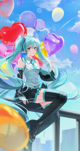 Anime picture 2802x5257 with vocaloid hatsune miku chiya (inae129) single long hair tall image looking at viewer fringe highres smile hair between eyes sitting twintails bare shoulders holding sky cloud (clouds) outdoors aqua eyes wind