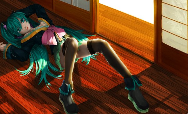 Anime picture 1771x1074 with vocaloid hatsune miku lordless (artist) single long hair looking at viewer fringe highres wide image twintails bare shoulders lying japanese clothes aqua eyes lips sunlight aqua hair shadow girl thighhighs