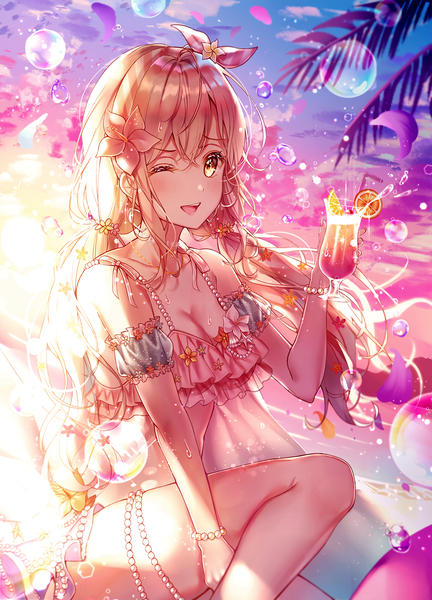 Anime picture 1000x1388 with bang dream! ichigaya arisa lium single long hair tall image looking at viewer blush fringe breasts open mouth light erotic blonde hair sitting twintails holding yellow eyes sky cleavage outdoors