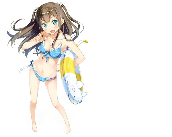 Anime picture 3020x2417 with original kantoku single long hair looking at viewer highres open mouth blue eyes light erotic simple background smile brown hair white background absurdres scan two side up ass visible through thighs girl swimsuit bikini