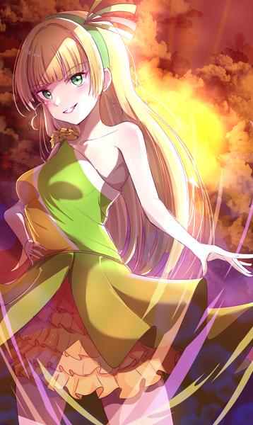 Anime picture 1447x2424 with hello!!! love live! sunrise (studio) love live! heanna sumire hogetdhoge single long hair tall image looking at viewer blush fringe breasts blonde hair smile standing bare shoulders green eyes sky cloud (clouds) blunt bangs