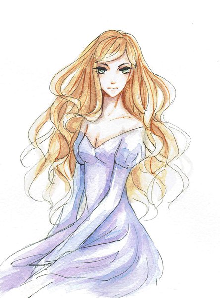 Anime picture 1363x1838 with original lon-li-mei single long hair tall image looking at viewer fringe breasts simple background blonde hair white background green eyes cleavage wavy hair traditional media girl dress