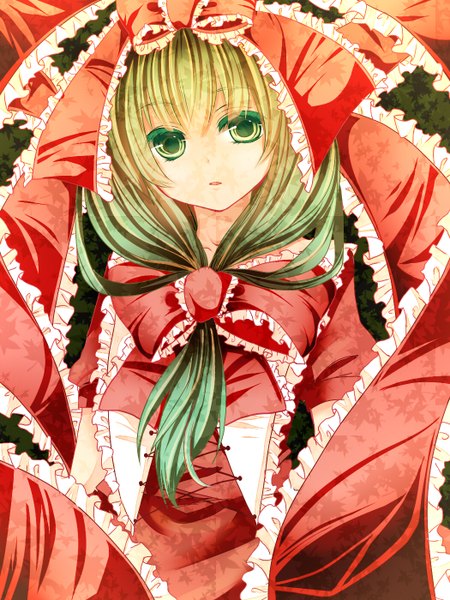 Anime picture 1050x1400 with touhou kagiyama hina aizawa riku (artist) single long hair tall image green eyes green hair girl bow hair bow