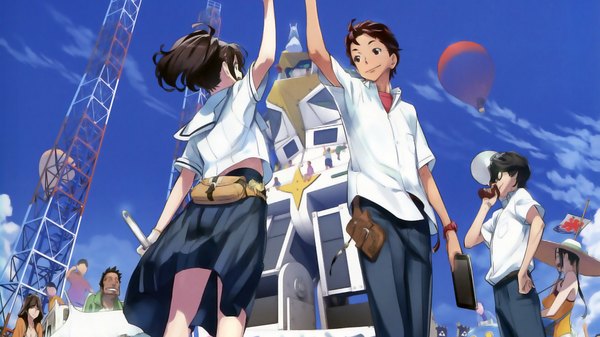 Anime picture 1920x1080 with robotics;notes production i.g fukuda tomonori long hair highres short hair black hair smile brown hair wide image brown eyes sky ponytail from behind black eyes group no face girl boy skirt