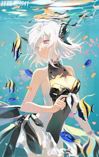 Anime picture 1080x1709 with punishing: gray raven liv (punishing: gray raven) lirseven single tall image short hair blue eyes looking away white hair copyright name sleeveless turning head covered navel underwater girl animal fish (fishes)