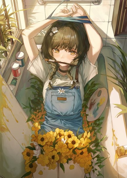 Anime picture 2400x3360 with original 2gong (9ujin ) single long hair tall image blush fringe highres brown hair holding yellow eyes looking away blunt bangs braid (braids) hair flower from above mole arms up short sleeves mole under eye