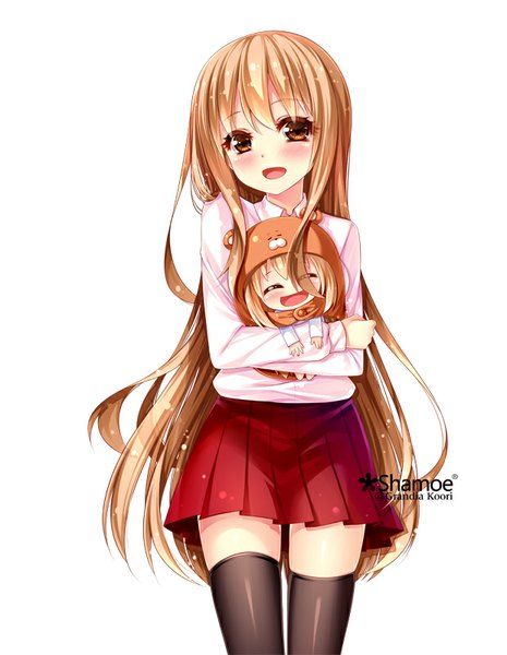 Anime picture 620x800 with himouto! umaru-chan doga kobo doma umaru komaru grandia bing single long hair tall image looking at viewer blush open mouth simple background brown hair white background brown eyes girl thighhighs skirt black thighhighs