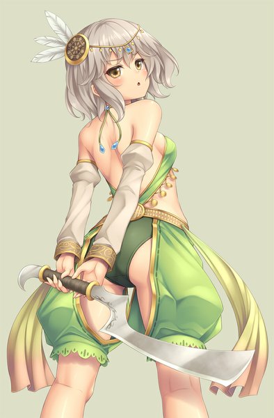 Anime picture 696x1059 with original sasaame single tall image blush short hair open mouth light erotic brown eyes grey hair pantyshot back girl hair ornament underwear panties weapon detached sleeves sword