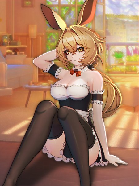 Anime picture 3000x4000 with arknights dorothy (arknights) absurd fox single long hair tall image looking at viewer highres breasts open mouth light erotic blonde hair large breasts sitting animal ears yellow eyes cleavage indoors blurry maid