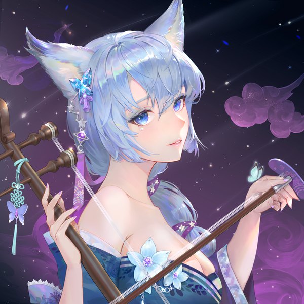 Anime picture 3000x3000 with original coldstone single looking at viewer blush fringe highres short hair breasts blue eyes smile hair between eyes large breasts holding animal ears cleavage silver hair upper body nail polish parted lips