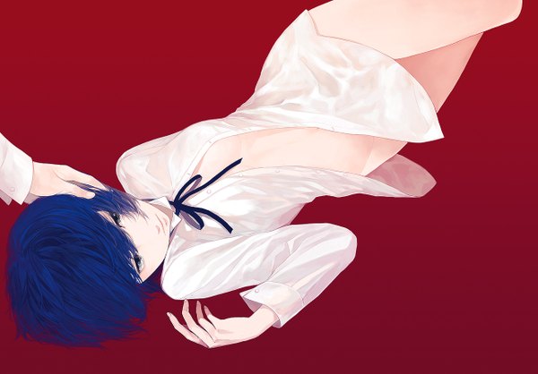 Anime picture 1300x907 with persona 4 persona shirogane naoto katsura (+araka) single short hair blue eyes light erotic simple background blue hair lying open clothes open shirt hand on head red background upside down girl shirt bowtie hand