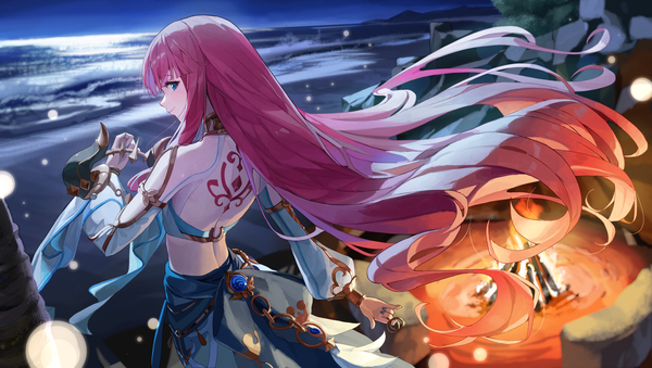 Anime picture 2648x1497 with genshin impact nilou (genshin impact) jin lia single long hair looking at viewer fringe highres breasts blue eyes smile wide image bare shoulders blunt bangs long sleeves nail polish aqua eyes from behind night midriff