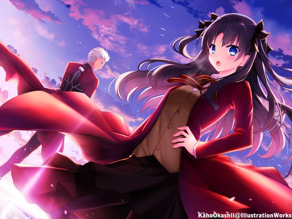 Anime picture 2000x1503 with fate (series) fate/stay night type-moon toosaka rin archer (fate) kaho okashii long hair blush highres short hair open mouth blue eyes black hair sky cloud (clouds) white hair girl boy skirt bow