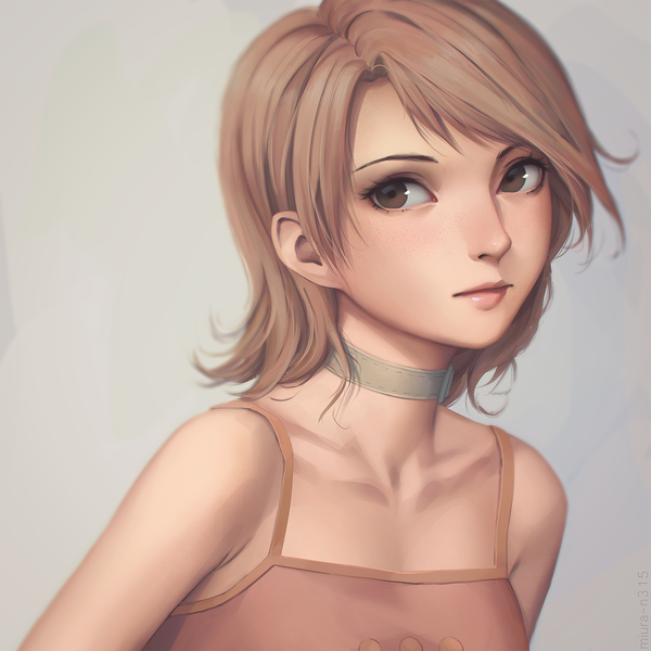 Anime picture 1280x1280 with persona 3 persona takeba yukari miura-n315 single looking at viewer short hair simple background brown hair bare shoulders brown eyes realistic grey background lipstick girl choker camisole