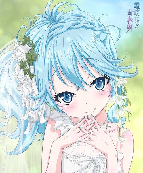 Anime picture 1950x2350 with denpa onna to seishun otoko shaft (studio) touwa erio wingheart gogetu single long hair tall image blush highres blue eyes smile blue hair nail polish loli girl dress wedding dress