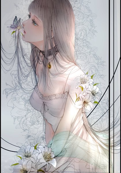 Anime picture 2088x2982 with original kuroe (pixiv5268156) single long hair tall image highres open mouth blonde hair sitting bare shoulders holding looking away grey background mole mole under eye mouth hold strap slip floral background girl dress
