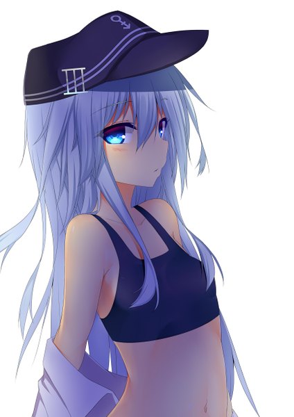 Anime picture 867x1227 with kantai collection hibiki destroyer suteba (grzjkbhgf) single long hair tall image looking at viewer blush fringe blue eyes light erotic simple background white background blue hair underwear only undressing girl navel underwear flat cap