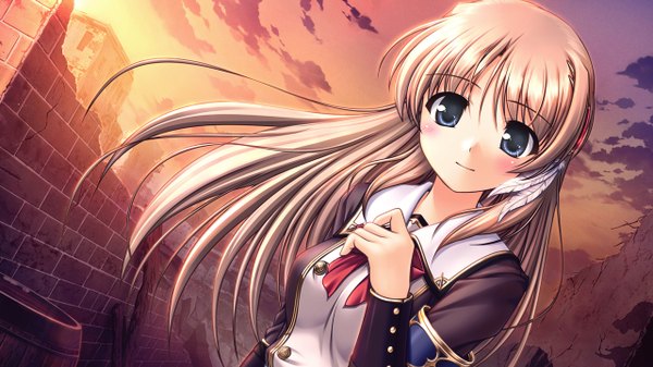 Anime picture 1280x720 with aiyoku no eustia fione silvaria long hair blush blue eyes brown hair wide image game cg evening sunset girl