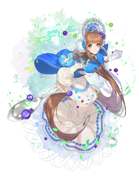 Anime picture 4920x6432 with food fantasy tiramisu (food fantasy) yamijam single tall image looking at viewer blush fringe highres smile brown hair sitting green eyes payot absurdres full body blunt bangs very long hair arm support puffy sleeves