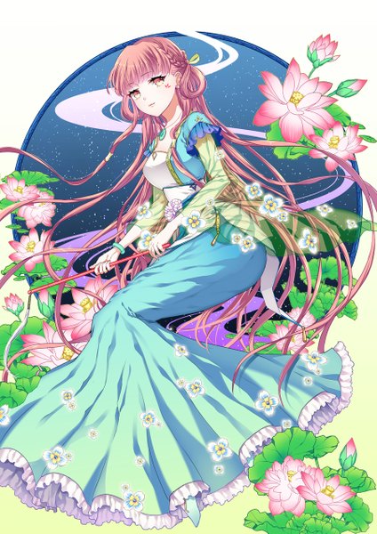 Anime picture 900x1273 with original ayumi (xiwu) single long hair tall image looking at viewer simple background brown hair white background yellow eyes pink hair light smile night night sky turning head facial mark girl dress flower (flowers) pendant