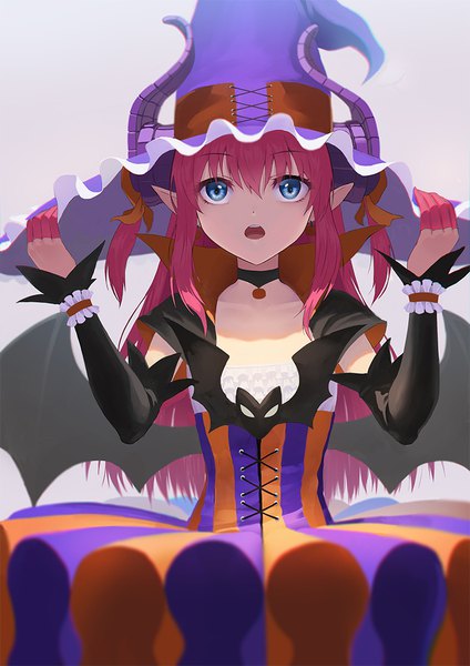 Anime picture 742x1050 with fate (series) fate/grand order elizabeth bathory (fate) (all) elizabeth bathory (halloween caster) (fate) sion (9117) single long hair tall image looking at viewer fringe open mouth blue eyes simple background hair between eyes standing payot pink hair upper body horn (horns) pointy ears
