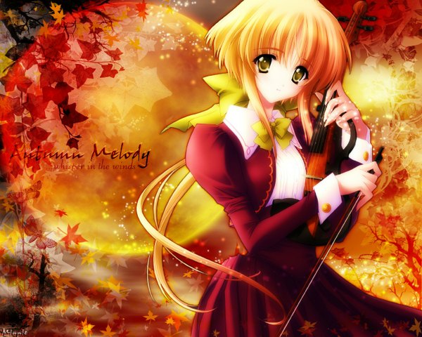 Anime picture 1280x1024 with carnelian long hair blonde hair holding yellow eyes inscription wallpaper girl bow hair bow full moon autumn leaves violin bow (instrument)