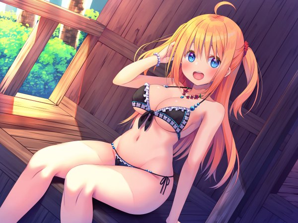 Anime picture 5600x4200 with original asa no ha single long hair looking at viewer blush fringe highres breasts open mouth blue eyes light erotic blonde hair smile hair between eyes large breasts sitting bare shoulders payot absurdres