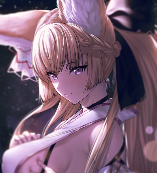Anime picture 964x1062 with granblue fantasy yuisis (granblue fantasy) ibuki notsu single long hair tall image looking at viewer fringe breasts light erotic blonde hair large breasts purple eyes bare shoulders animal ears upper body braid (braids) blurry depth of field fox ears