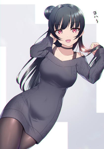 Anime picture 1500x2135 with love live! sunshine!! sunrise (studio) love live! tsushima yoshiko yamaori (yamaorimon) single long hair tall image looking at viewer blush fringe breasts open mouth black hair simple background smile red eyes bare shoulders blunt bangs long sleeves