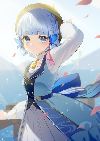 Anime picture 1447x2047 with genshin impact kamisato ayaka kamisato ayaka (springbloom missive) luna (mi-chanman) single tall image looking at viewer short hair blue eyes smile blue hair wind mole sparkle mole under eye official alternate costume girl dress hair ornament hat