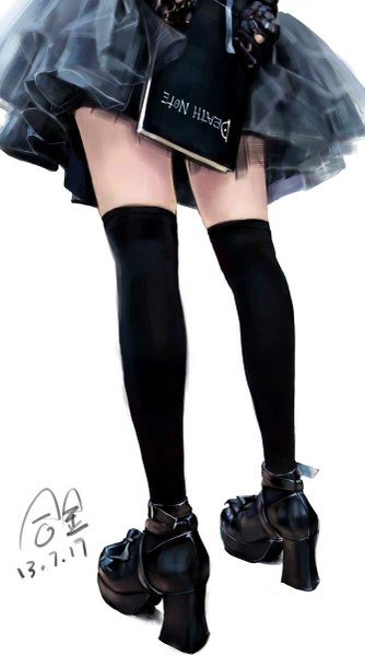Anime picture 669x1200 with death note madhouse amane misa alloy single tall image simple background standing white background holding high heels zettai ryouiki gothic girl thighhighs skirt gloves black thighhighs shoes book (books)