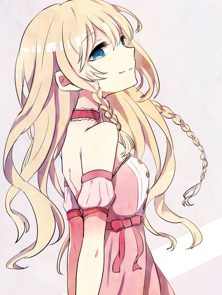 Anime picture 753x1000 with original ringomaru single long hair tall image blue eyes blonde hair simple background smile bare shoulders looking away braid (braids) profile grey background twin braids girl dress detached sleeves