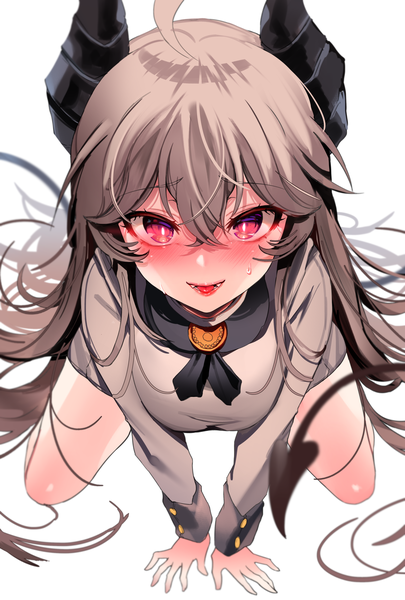 Anime-Bild 2700x4000 mit original zerocat single long hair tall image looking at viewer blush fringe highres open mouth simple background smile hair between eyes red eyes white background ahoge tail long sleeves :d horn (horns)